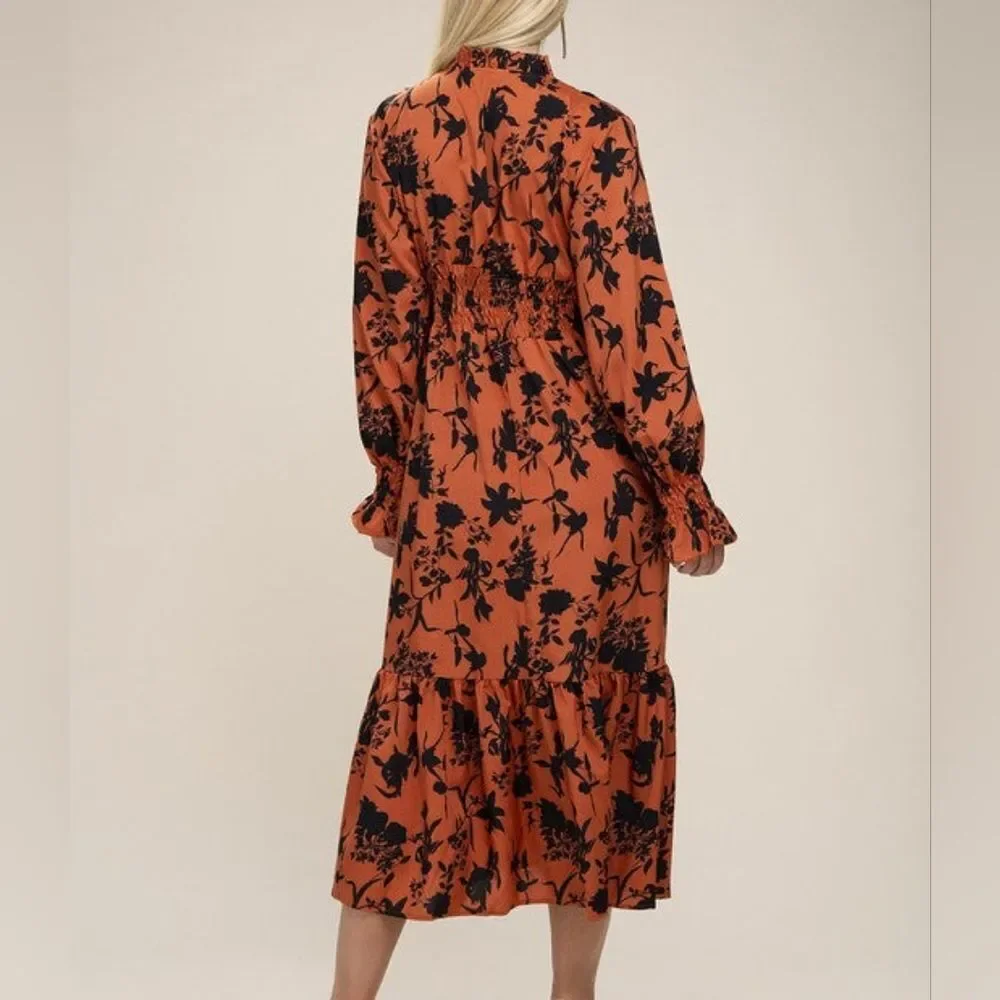 Floral Print Bishop Sleeve Shirred Dress - Picture 3 of 4